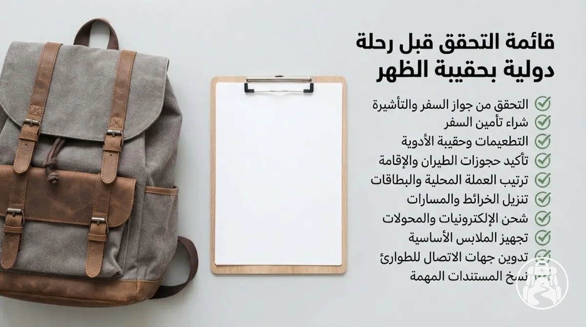 قائمة تحقق للاستعداد قبل المغادرة لرحلة دولية بحقيبة الظهر