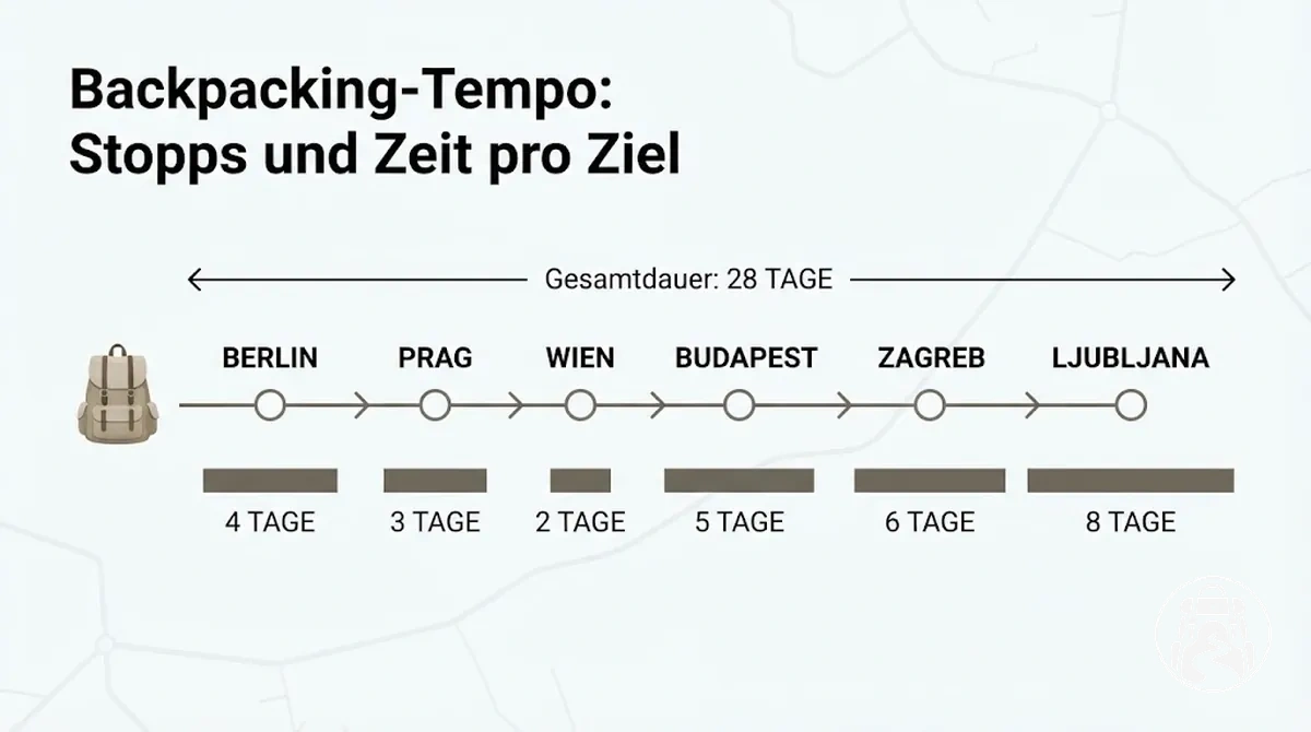 Backpacking-Route mit Gesamtdauer und Aufenthaltszeit pro Ziel