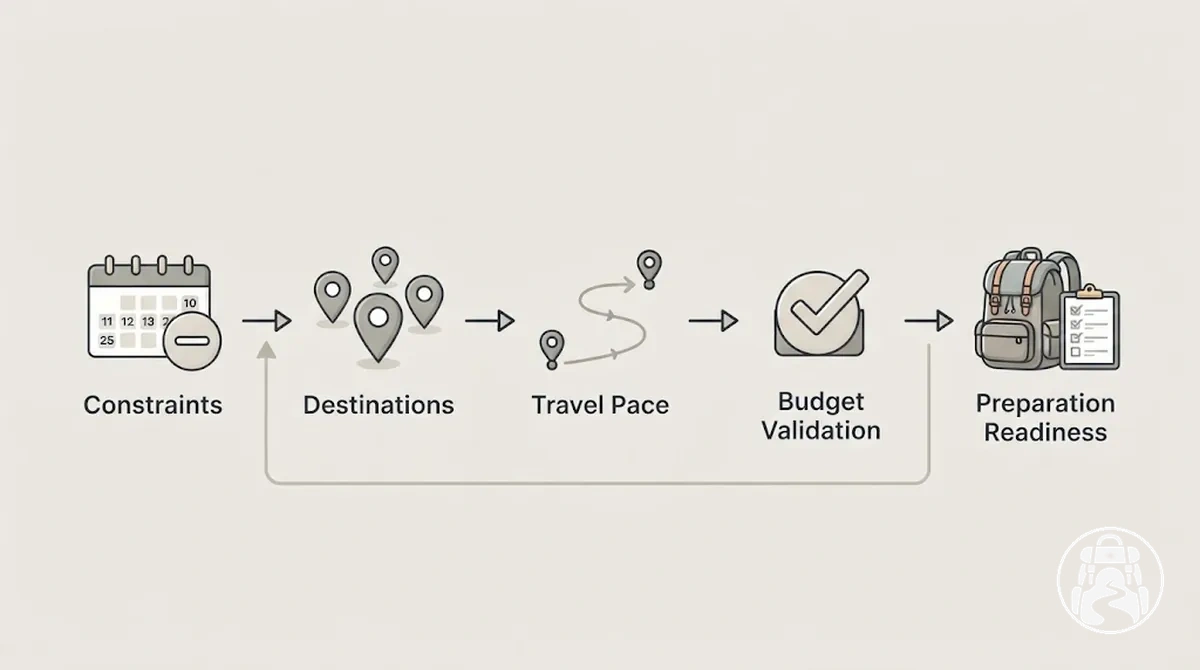 Planungsablauf für eine Backpacking-Reise von festen Rahmenbedingungen über Reiseziele, Reisetempo, Budgetvalidierung bis zur Reisevorbereitung