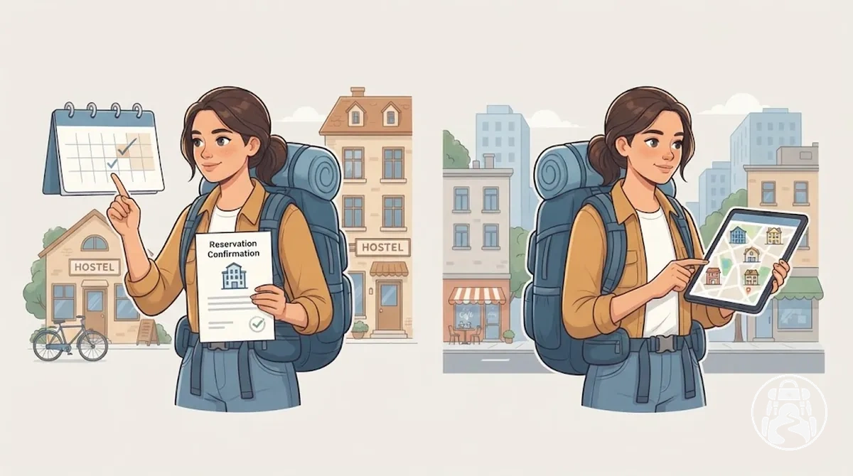 Backpacker, der eine frühere Unterkunftsreservierung gegen die Flexibilität einer Buchung kurz vor der Ankunft abwägt