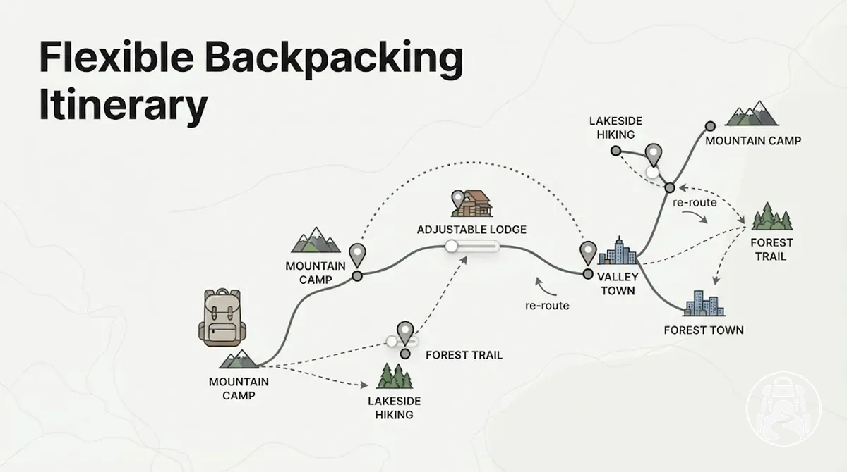 Flexible backpacking itinerary with adjustable travel stops