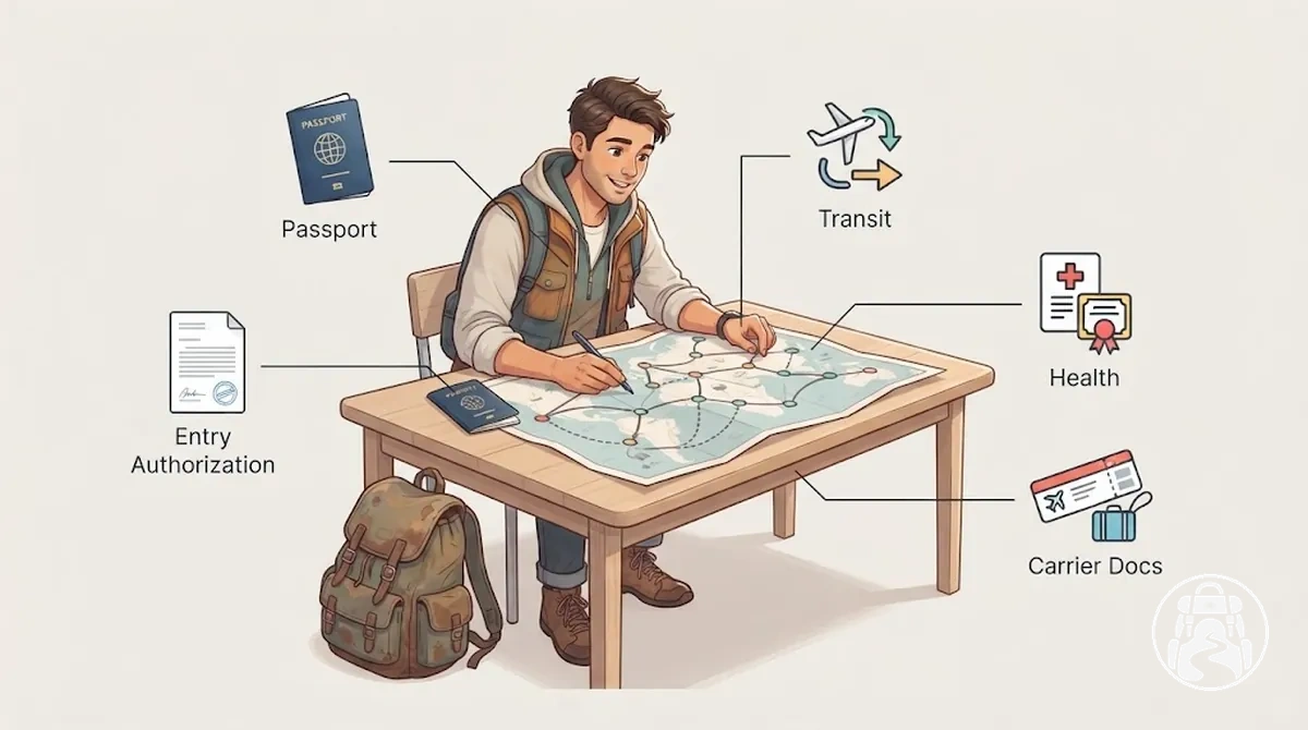 International traveller checking passport, entry, transit, health and carrier document requirements