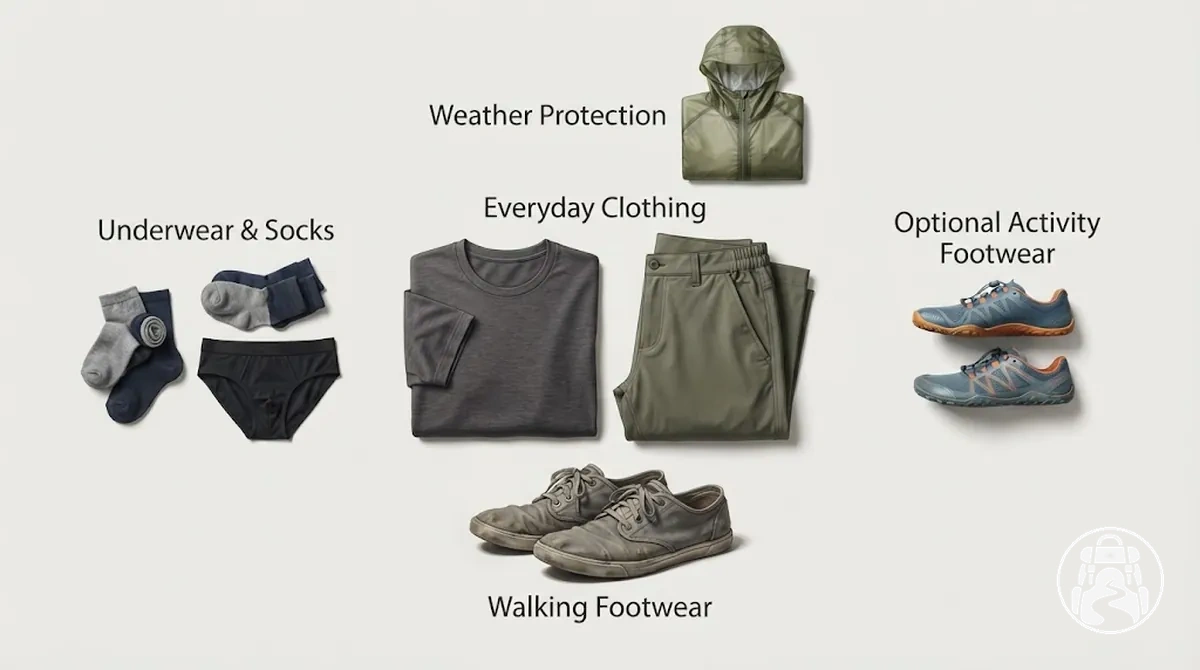 International backpacking clothing and footwear grouped by everyday use, weather protection and activity