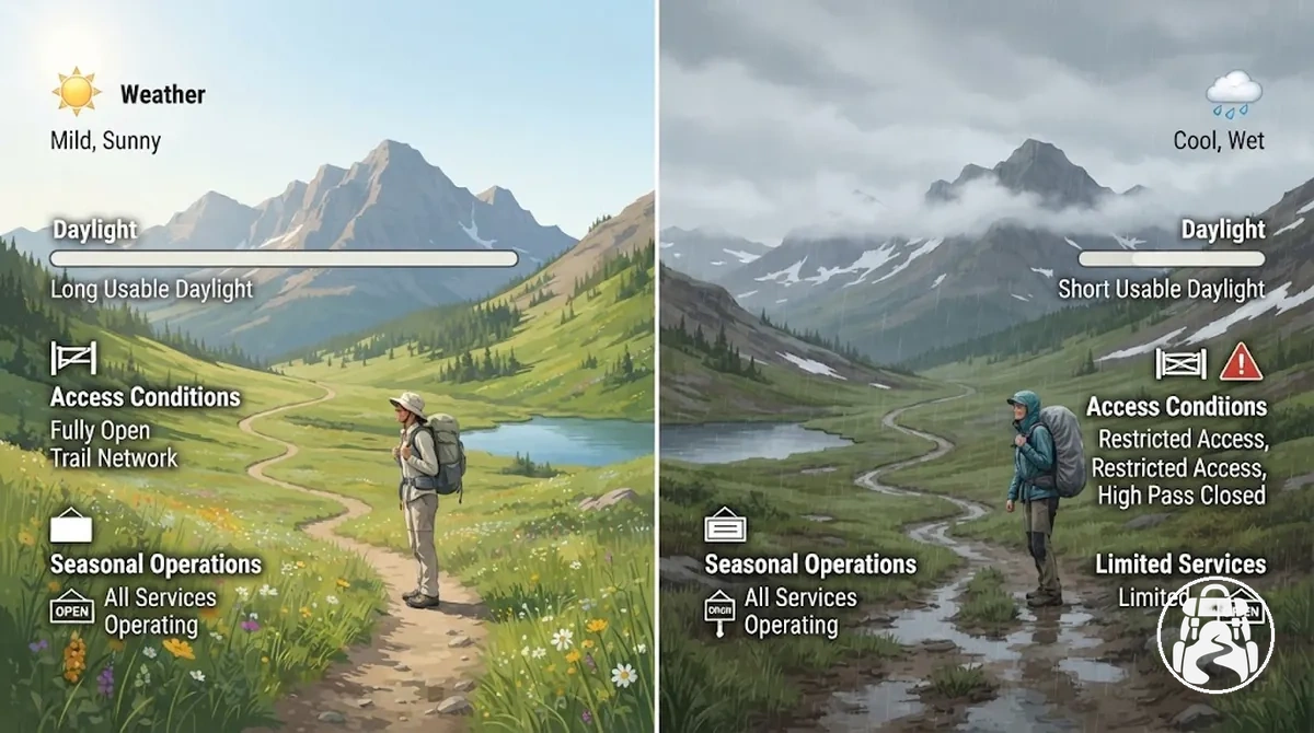 Same backpacking destination shown under different seasonal travel conditions.