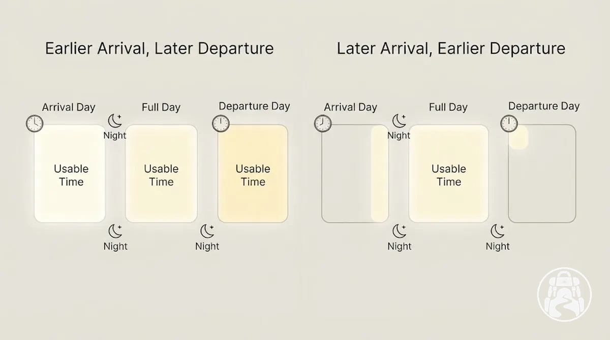 Itinerary example showing how arrival and departure timing changes full usable days despite the same number of nights