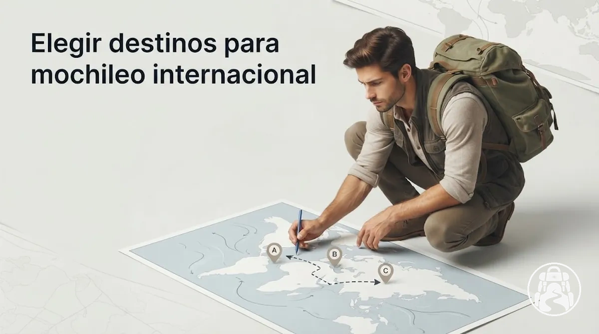 Persona eligiendo destinos para hacer mochileo internacional