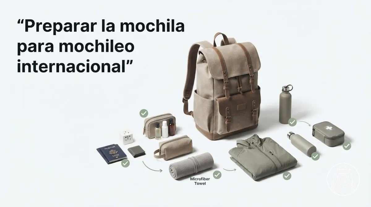 Mochila preparada y artículos esenciales para hacer mochileo internacional