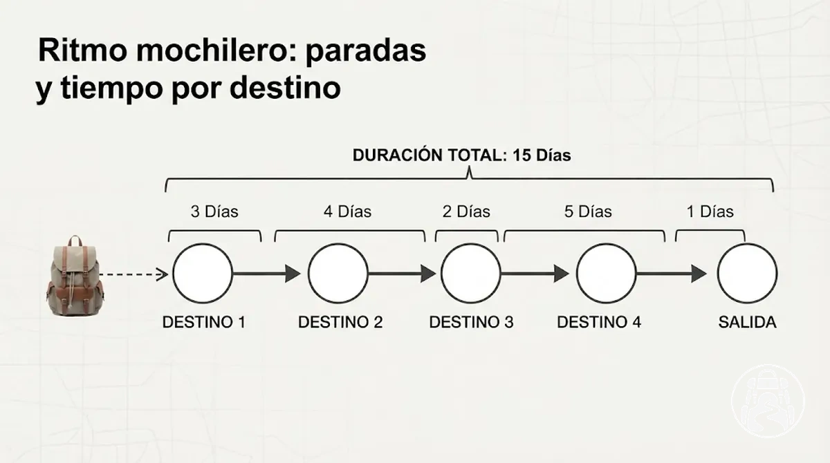 Itinerario de mochilero con duración total y tiempo por destino
