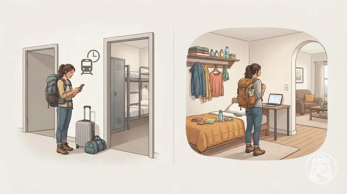 Comparación de las necesidades de alojamiento para mochileros en una parada de tránsito y una estancia de varias noches