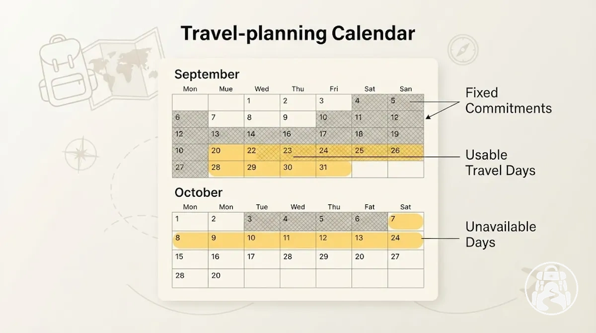 Calendario que muestra días de viaje utilizables, compromisos fijos y fechas no disponibles para un primer recorrido de mochileo internacional