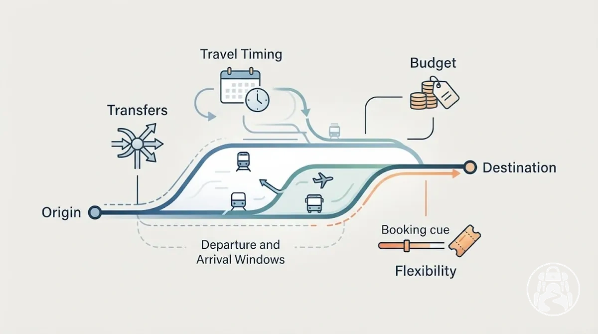 Diagrama de planificación de tramo de transporte que muestra los requisitos de origen, destino, horario, transbordo y flexibilidad