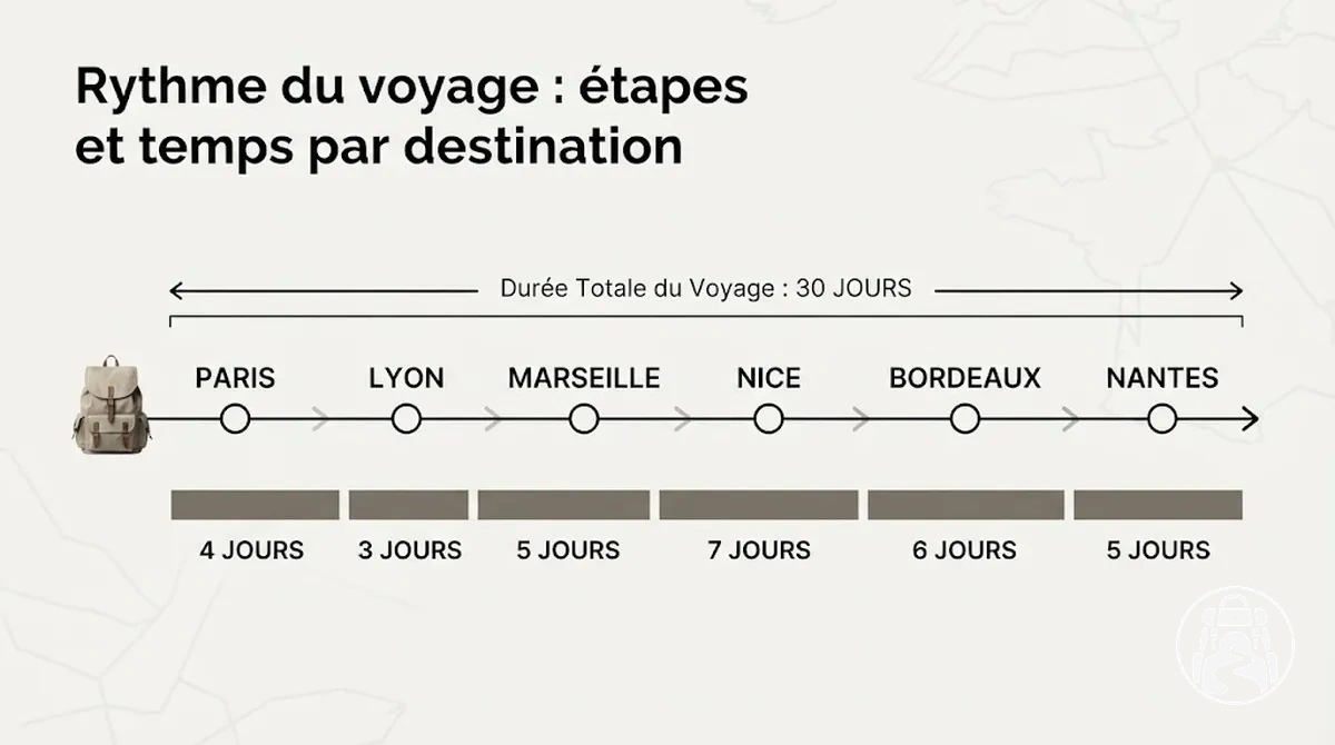 Itinéraire en sac à dos indiquant la durée du voyage et le temps par destination