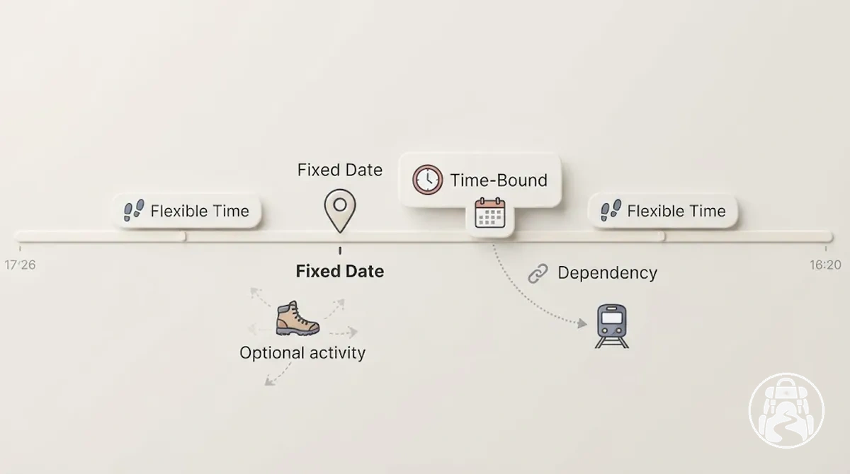Itinéraire de voyage en sac à dos montrant une date fixe non négociable entourée de plans flexibles