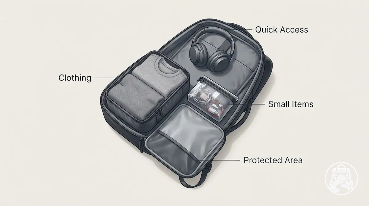 Intérieur de sac à dos avec organiseurs de rangement séparant vêtements, articles protégés et essentiels fréquemment utilisés