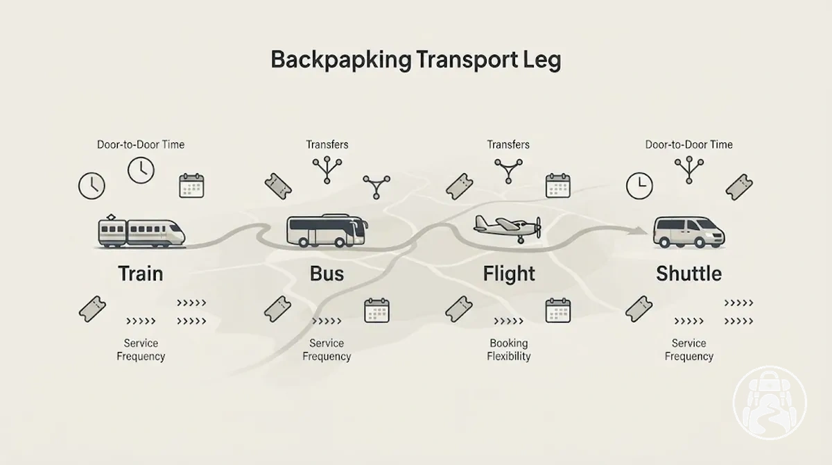 Graphique de comparaison des options de train, bus, avion et navette pour un tronçon de transport en sac à dos