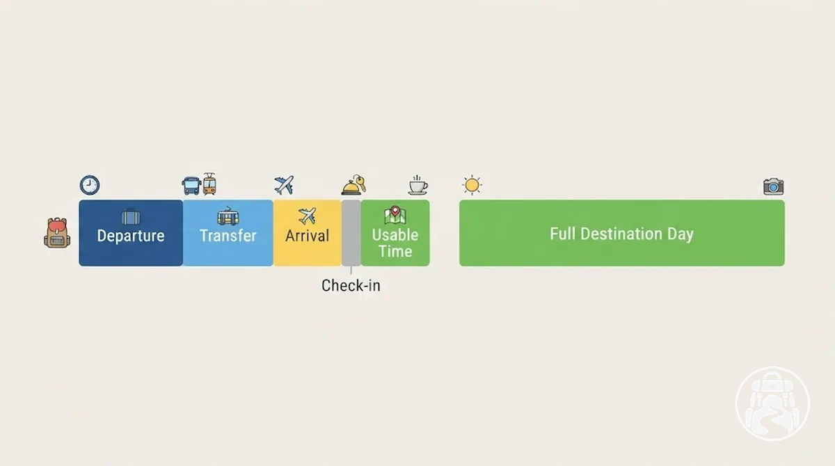 Itinéraire annoté comparant un jour de transport à un jour complet à destination utilisable