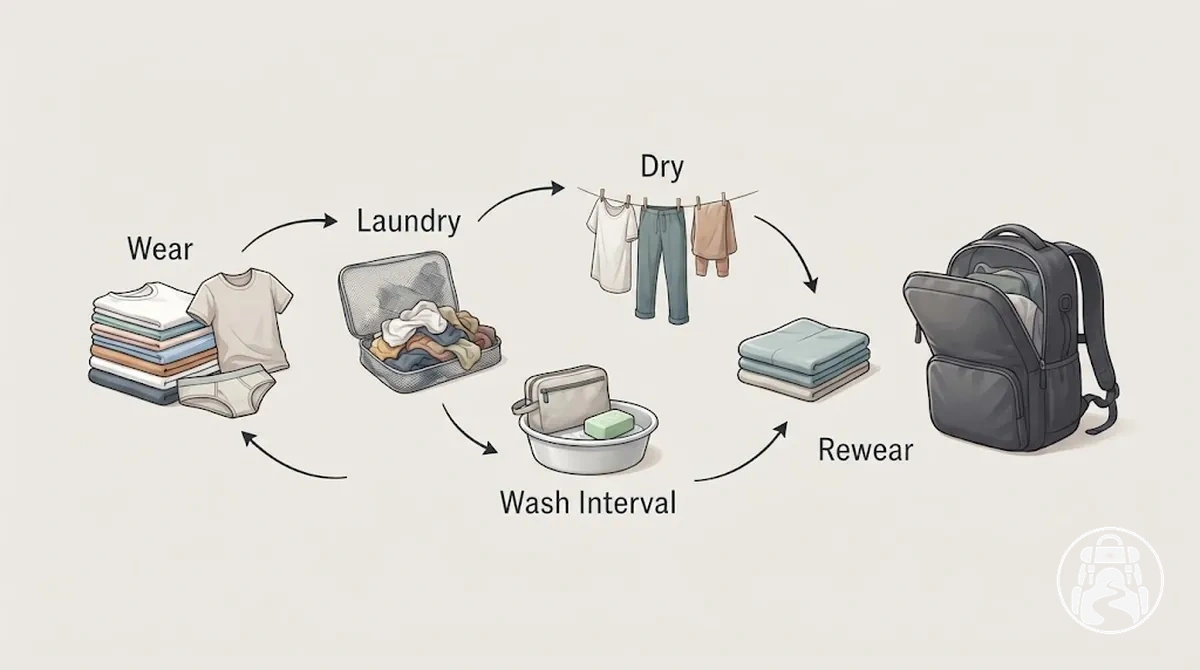 Rotation de vêtements pour voyage en sac à dos montrant les vêtements portés passant par la lessive, le séchage et la réutilisation