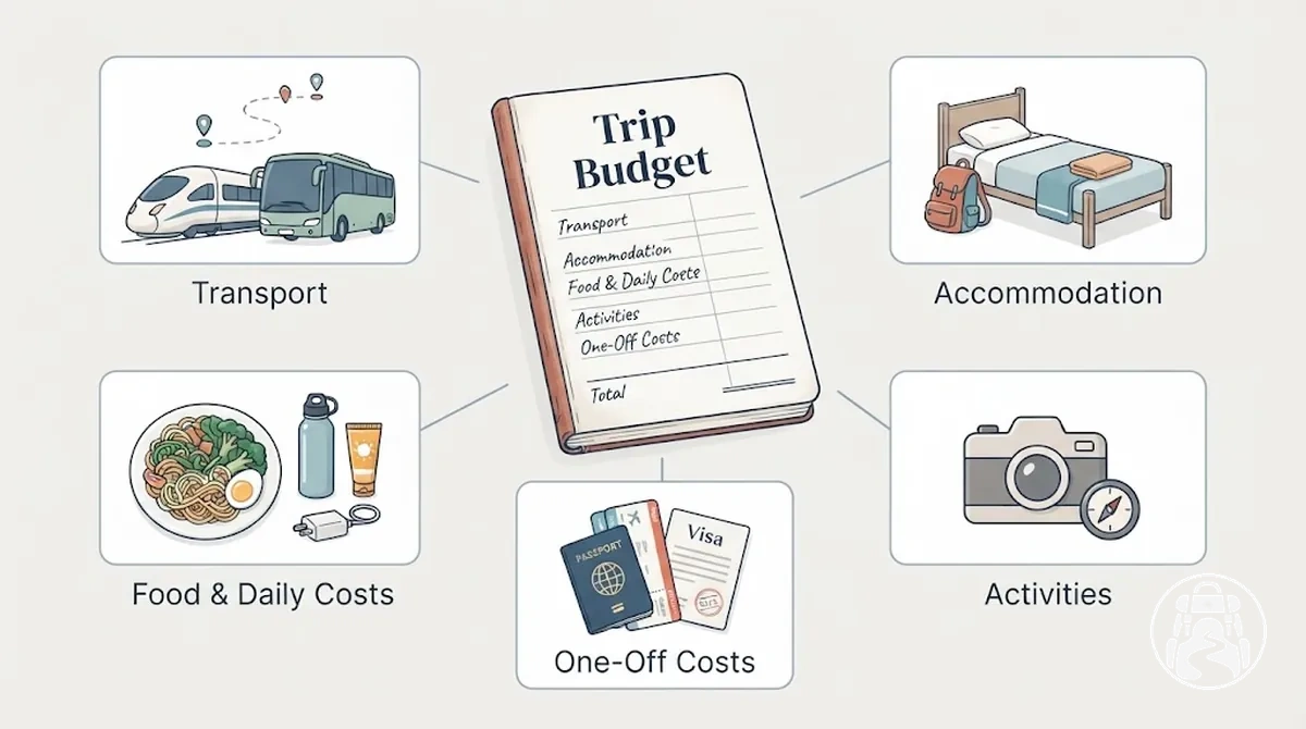 Grandes catégories de coûts du budget de voyage en sac à dos, incluant le transport, l’hébergement, l’alimentation, les activités et les coûts ponctuels.