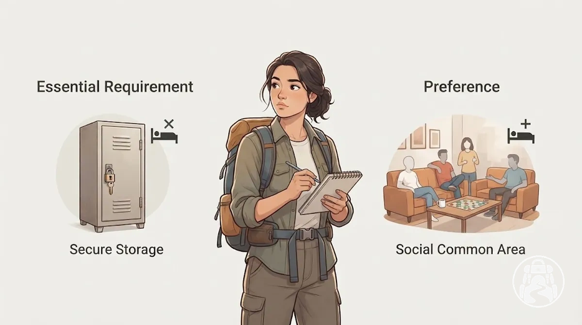 Voyageur distinguant les critères d'hébergement indispensables des préférences facultatives