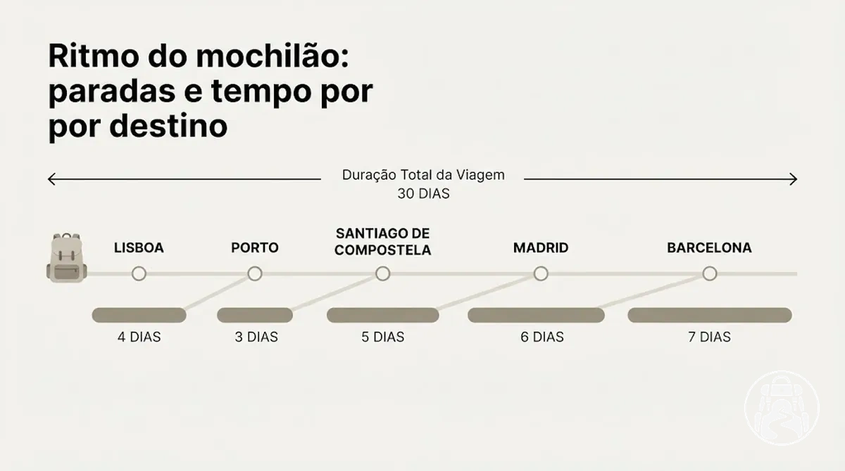 Roteiro de mochilão mostrando duração total e tempo em cada destino