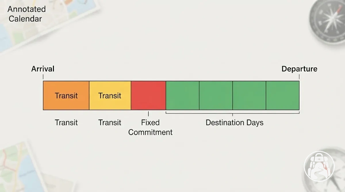 Calendário de viagem anotado mostrando chegada, partida, dias de trânsito, um compromisso fixo e dias úteis restantes para destinos