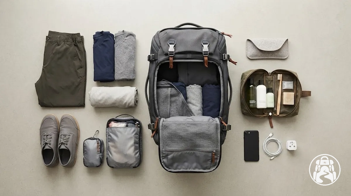 Kit de mochilão internacional com roupas, itens de higiene, carregadores e organizadores de mochila