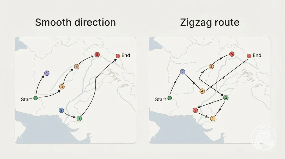 Os mesmos agrupamentos de destinos em uma direção de deslocamento fluida e em uma ordem de rota em zigue-zague
