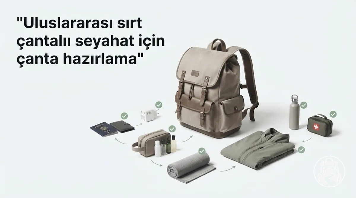 Uluslararası sırt çantalı seyahat için hazırlanmış sırt çantası ve temel eşyalar